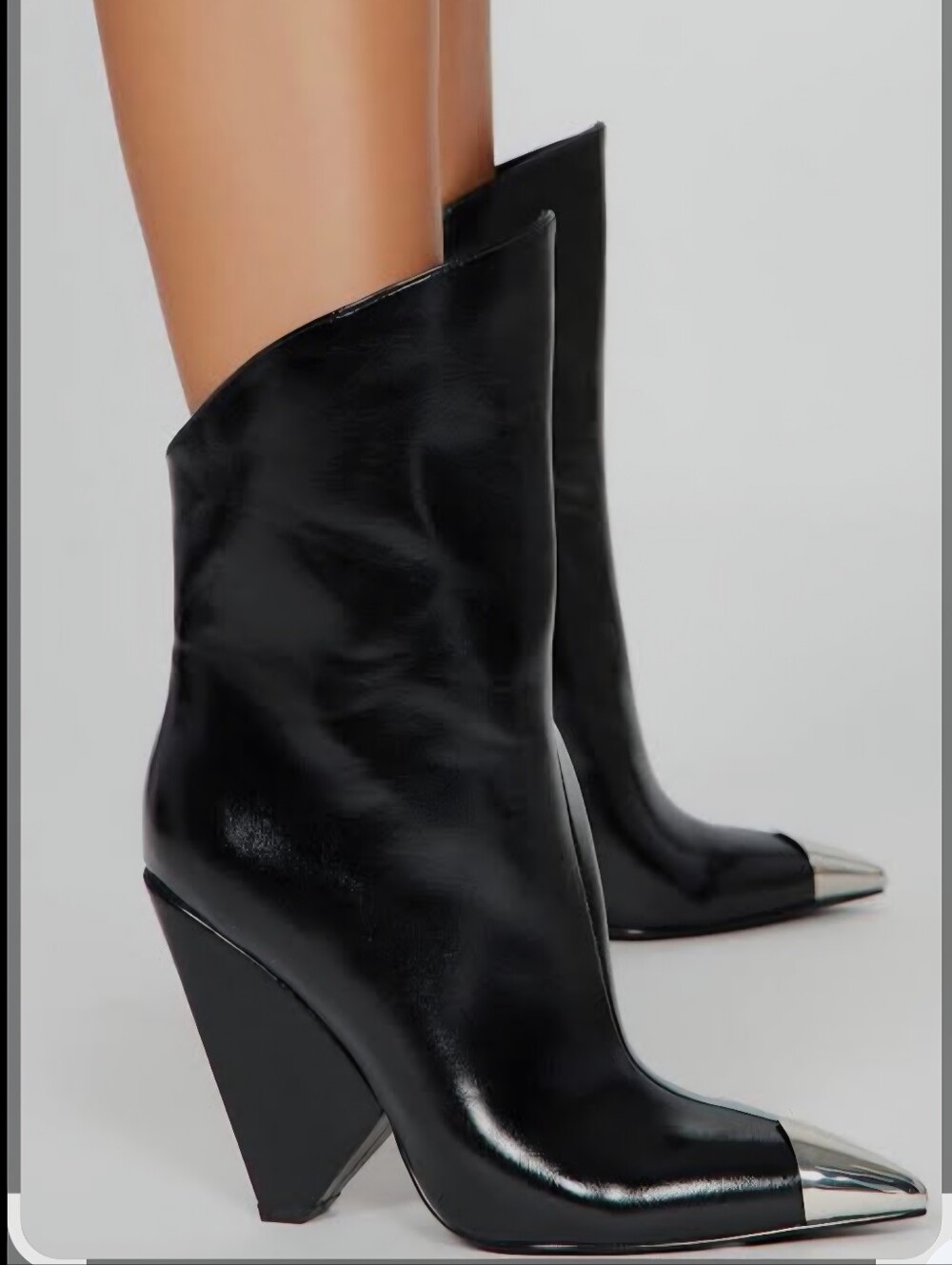 Black Pointed Toe Metal-Cap Heeled Ankle Boots